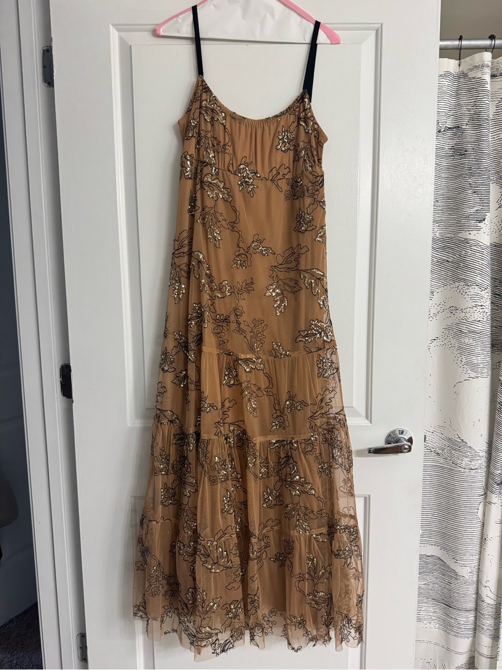 Anthropologie Tulle Embroidered Tiered Maxi Dress in Camel